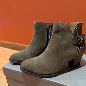 Vionic Olive Suede Ankle Boots with Snakeskin Detail